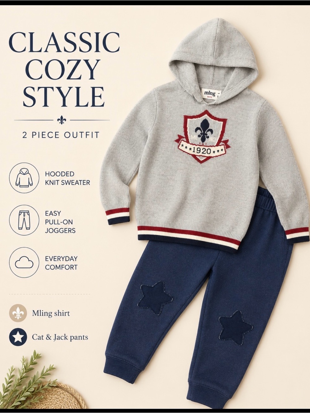 Kids Gray Hooded Knit Sweater & Navy Joggers Set by